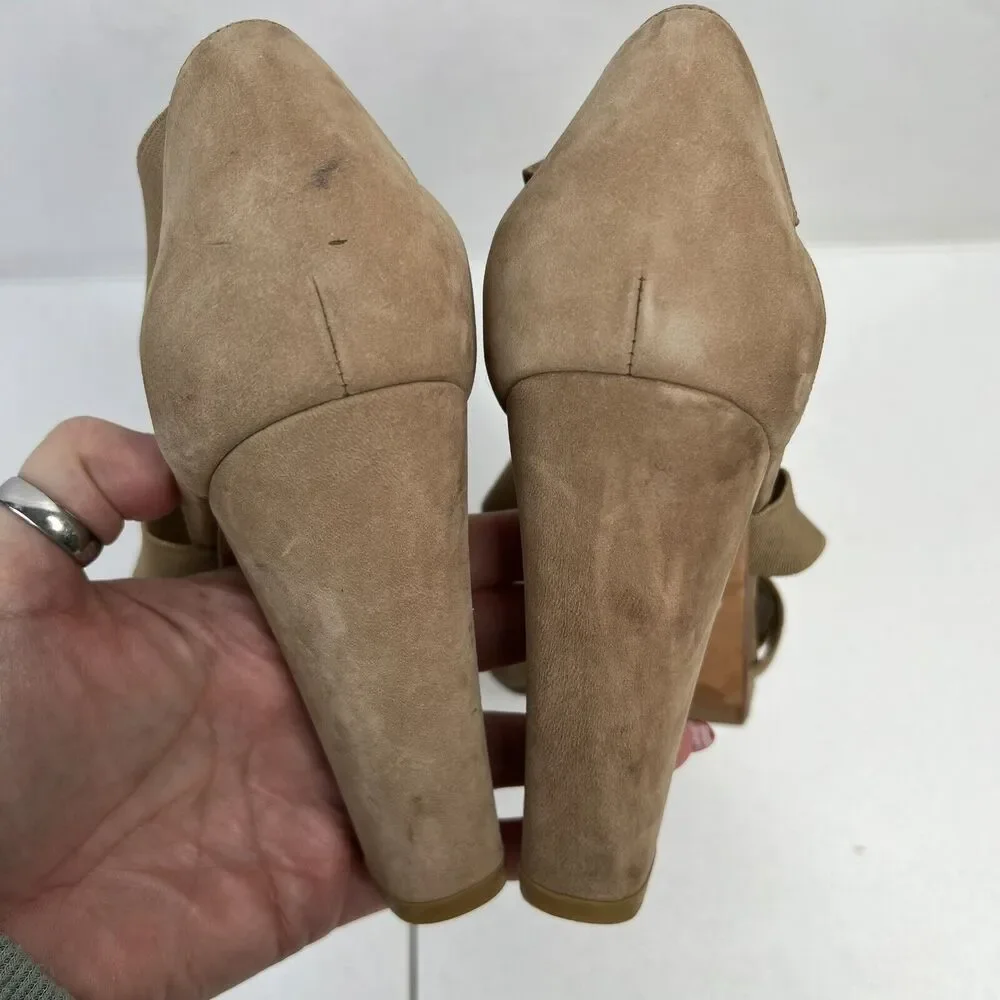 Stuart Weitzman Size 38 US 7.5 Heels‎ Elastic Strap Wrap Tan Suede High Chunky